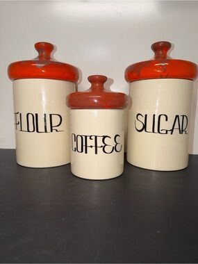 Vintage 1960’s MCM Ceramic Kitchen Canister Set- Retro- Flour, Sugar, Coffee